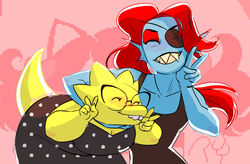  2016 5_fingers alphys anthro blue_body blue_skin blush closed_eyes clothing double_v_sign dress duo ear_fins eye_patch eyewear female fin fingers fish gesture glasses gullshriek hand_gesture lizard marine reptile scales scalie sharp_teeth simple_background smile teeth undertale undertale_(series) undyne v_sign yellow_body yellow_scales 