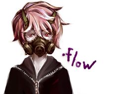  .flow commentary_request copyright_name female gas_mask hood kumauwo looking_at_viewer mask pink_hair red_eyes sabitsuki simple_background solo zipper 