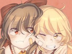  2girls ahoge bad_id bad_twitter_id bandaid bandaid_on_face blonde_hair blush bow brown_eyes brown_hair cheek-to-cheek clenched_teeth closed_mouth commentary_request hair_between_eyes hair_ornament hair_tubes hairbow hakurei_reimu heads_together iiha_toobu kirisame_marisa looking_at_another looking_to_the_side multiple_girls one-hour_drawing_challenge one_eye_closed orange_background portrait red_background red_bow red_eyes simple_background teeth touhou yellow_eyes 