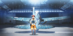  aircraft airplane bag braid commentary_request drum_(container) f2a_buffalo female handbag hands_on_own_hips hangar indoors light_smile looking_at_viewer neck_ribbon original photoshop_(medium) red_hair ribbon sailor_collar shadow siqi_(miharuu) skirt sunlight twin_braids vehicle_focus world_war_ii 