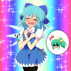  2girls blue_hair blush bow cato_(monocatienus) cirno commentary_request daiyousei full-face_blush green_hair hair_ribbon hairbow heaven_condition ice ice_wings multiple_girls pantyhose ribbon shaded_face short_hair side_ponytail sparkle surprised touhou trembling wings 