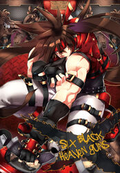  1boy brown_hair commentary_request fingerless_gloves glove_pull gloves guilty_gear guilty_gear_xrd headband highres junkyard_dog_mk_iii long_hair makai male_focus mouth_hold photoshop_(medium) reverse_grip sol_badguy solo spiked_hair sword weapon 