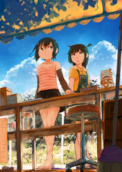  2girls arm_warmers awning bare_legs black_hair black_skirt blue_sky blurry broom camisole cloud collarbone commentary_request counter day detached_sleeves from_below full_body high_heels hood hood_down hoodie inami_hatoko jar long_hair maneki-neko multiple_girls one_side_up open_mouth original outdoors overalls sandals short_hair skirt sky spaghetti_strap stool sunlight tank_top wind 