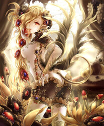  apple ass black_wings blonde_hair commentary_request demon_tail earrings female flower food fruit gin_ji gloves grapes hair_flower hair_ornament highres horns jewelry long_hair looking_at_viewer looking_back pointy_ears red_eyes shingoku_no_valhalla_gate solo tail white_gloves white_legwear wings 