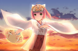  clouds fan flowers green_eyes japanese_clothes miko orange_hair short_hair shuuichi sky sunset umi_monogatari urin_(umi_monogatari) 