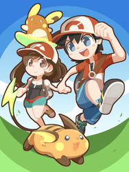  2018 3:4 alolan_form alolan_raichu blush blush_stickers chase_(pokemon) clothed clothing elaine_(pokemon) female feral footwear generation_1_pokemon generation_7_pokemon group hat headgear headwear human male mammal nintendo open_mouth open_smile pokemon pokemon:_let&#039;s_go pokemon_(species) raichu rairai-no26-chu regional_form_(pokemon) shoes smile 