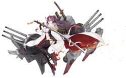  aiguillette alisa_(kuro_no_sakura) armor azur_lane bandaged_arm bandages black_armor black_gloves black_thighhighs breasts cape closed_mouth covered_navel female fingerless_gloves full_body gloves grey_footwear hair_between_eyes high_heels high_ponytail highres holding holding_sword holding_weapon horns izumo_(azur_lane) japanese_armor katana large_breasts leotard long_hair machinery official_art ofuda pink_eyes pointy_ears ponytail purple_hair sheath sheathed shoes skin-covered_horns solo sword tachi-e tassel thighhighs torn_cape torn_clothes transparent_background turret weapon white_cape white_leotard zettai_ryouiki 