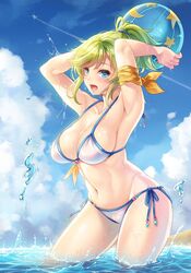  armband armpits arms_up bad_id bad_twitter_id ball beachball bikini blue_eyes blue_sky blush breasts cleavage cloud cloudy_sky collarbone contrail day female green_hair hair_ornament hair_scrunchie large_breasts looking_at_viewer makirin navel open_mouth outdoors ponytail scrunchie sennen_sensou_aigis short_hair short_ponytail side-tie_bikini_bottom sidelocks sky smile solo sparkle string_bikini swept_bangs swimsuit tial_(sennen_sensou_aigis) wading water wet white_bikini 