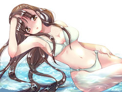  amatsuba_mimina bad_id bad_pixiv_id bikini brown_eyes brown_hair commentary_request female long_hair lying on_side original solo swimsuit water 