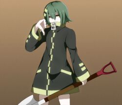  answered_prayers commentary_request female fluorette green_hair hair_ornament hairclip holding looking_at_viewer motoyuki_(k125) short_hair shovel solo thumbs_down zipper 