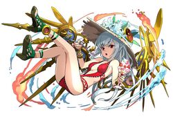  :o adachi_yousuke clock commentary_request female full_body grey_hair hat high_heels long_hair mechanical_wings official_art one-piece_swimsuit pink_eyes puzzle_&amp;_dragons red_one-piece_swimsuit simple_background solo sun_hat swimsuit urd_(p&amp;d) white_background wings 