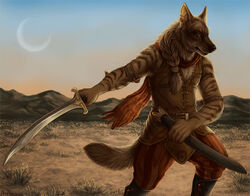  2015 anthro armor biped boots bottomwear braided_hair brown_body brown_eyes brown_fur clothed clothing crescent_moon day detailed detailed_background detailed_fur ear_piercing eye_scar facial_scar footwear fur hair holding_melee_weapon holding_object holding_sword holding_weapon hyena leather leather_armor lochan male mammal melee_weapon moon outside pants piercing pose red_lantern rukis scabbard scar scarf scenery scimitar sky solo standing story story_in_description striped_hyena stripes sword tail topwear vest wasteland weapon white_body white_fur 