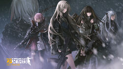  5girls ak-12 ak-12_(girls&#039;_frontline) an-94 an-94_(girls&#039;_frontline) ar-15 arm_guards armband armor assault_rifle black_cloak black_eyes black_gloves black_hair blonde_hair braid breasts cloak closed_eyes closed_mouth clothes_around_waist defy_(girls&#039;_frontline) detached_sleeves dress expressionless floating_hair french_braid gas_mask girls&#039;_frontline gloves grass grey_hair gun hair_between_eyes hair_ornament headgear headphones highres holding holding_gun holding_weapon holster infukun jacket jacket_around_waist kalashnikov_rifle logo long_hair long_sleeves looking_afar looking_away m16a1_(boss)_(girls&#039;_frontline) m16a1_(girls&#039;_frontline) m4_carbine m4a1_(girls&#039;_frontline) m4a1_(mod3)_(girls&#039;_frontline) magpul mask medium_breasts multicolored_hair multiple_girls official_art outdoors pants particle_cannon_case pink_eyes pink_hair ponytail ribbed_sweater ribbon rifle scarf sidelocks single_braid single_thighhigh skull_mask smile smog snow snowing st_ar-15_(girls&#039;_frontline) st_ar-15_(mod3)_(girls&#039;_frontline) standing streaked_hair sweater sweater_vest tactical_clothes thigh_holster thigh_strap thighhighs torn_clothes very_long_hair weapon weapon_case white_hair wind wind_lift 