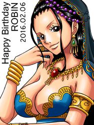  alternate_costume armlet bare_shoulders black_hair bracelet breasts brown_eyes character_name cleavage commentary dated dress earrings female hair_slicked_back hand_on_own_cheek hand_on_own_face happy_birthday harem_outfit jewelry kiyu_(zuyu) large_breasts long_hair looking_at_viewer necklace nico_robin one_piece ring smile solo strapless strapless_dress upper_body veil 