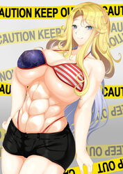  abs absurdres american_flag american_flag_bikini american_flag_print arm_at_side asymmetrical_hair bad_id bad_pixiv_id bikini black_shorts blonde_hair blue_eyes blush breasts caution_tape commentary_request cowboy_shot fat_mons female flag_print gradient_background grey_background hand_on_own_hip highleg highleg_bikini highres hip_focus huge_breasts ill_(0022) jpeg_artifacts light_purple_hair long_hair looking_at_viewer multicolored_hair muscular muscular_female no_shirt obliques original parted_bangs print_bikini shiny_clothes shiny_skin short_shorts shorts sidelocks smile solo star-shaped_pupils star_(symbol) swimsuit symbol-shaped_pupils thighs tongue tongue_out two-tone_hair very_long_hair 