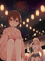  2girls :o ^_^ ^o^ absurdres aircraft airplane american_flag ayanami_(warship_girls_r) bad_id bad_pixiv_id bare_shoulders bikini bikini_top_only black_skirt blonde_hair blush breasts brown_eyes brown_hair building cleavage closed_eyes cup drunk ero_mang-a eyebrows festival fireworks floral_print food front-tie_bikini_top front-tie_top hair_ornament hairclip highres holding holding_cup holding_food lantern long_hair long_sleeves looking_at_viewer market_stall medium_breasts multiple_girls navel night night_sky nose_blush original outdoors paper_lantern parted_lips pleated_skirt shoes sign silhouette skirt sky squatting standing star_(sky) stomach summer_festival swimsuit thighhighs underboob very_long_hair warship_girls_r white_bikini white_legwear wichita_(warship_girls_r) wide_sleeves 