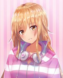  animal_ear_headphones animal_ears blush brown_eyes cat_ear_headphones commentary_request fake_animal_ears female hair_between_eyes head_tilt headphones headphones_around_neck hood hood_down hoodie ienaga_mugi ienaga_mugi_(1st_costume) light_brown_hair long_hair looking_at_viewer mikomiko_(mikomikosu) nijisanji parted_lips smile solo striped_clothes striped_hoodie very_long_hair virtual_youtuber 