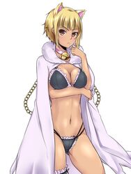  animal_ears bad_id bad_pixiv_id bell black_bra black_panties blonde_hair blush bra breast_hold breasts cape cleavage collar female frilled_bra frilled_panties frills kuraishi_tanpopo large_breasts neck_bell panties red_eyes short_hair simple_background solo underwear unko_samurai white_background witch_craft_works yellow_eyes 