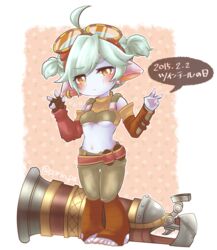  ahoge alternate_hairstyle blue_skin blush breasts colored_skin commentary_request double_v earrings female fingerless_gloves gloves goggles goggles_on_head gun jewelry league_of_legends looking_at_viewer midriff navel otani_(kota12ro08) pointy_ears small_breasts solo translated tristana twintails twitter_username underboob v weapon yordle 