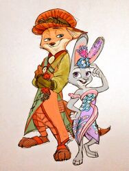  2018 3:4 anthro barefoot canid canine clothed clothing disney duo feet female fox fully_clothed fur judy_hopps lagomorph leporid male mammal mortic_ox nick_wilde orange_body orange_fur rabbit red_fox simple_background smile standing true_fox zootopia 