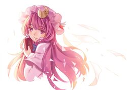  backlighting book capelet commentary_request crescent female hat long_hair looking_at_viewer looking_back patchouli_knowledge purple_eyes purple_hair rainbow2319682 smile solo touhou upper_body very_long_hair 