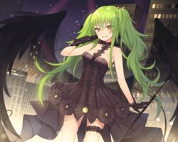  bad_id bad_pixiv_id bare_shoulders black_dress black_footwear black_gloves black_legwear blush boots bow breasts bridal_garter canape_(canape0130) cityscape collarbone commentary_request dress dress_bow female floating_hair girls&#039;_frontline gloves green_hair grin hair_between_eyes halter_dress halterneck holding holding_microphone long_hair looking_away m950a_(concert_diva!)_(girls&#039;_frontline) m950a_(girls&#039;_frontline) medium_breasts messy_hair microphone microphone_stand music night official_alternate_costume parted_lips see-through sidelocks skindentation smile solo standing teeth thighs twintails wind wind_lift wings yellow_eyes 