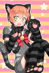  :3 animal_costume animal_ears animal_hands bell cat_costume cat_ears cat_tail claws elbow_gloves female gloves green_eyes hoshizora_rin kaki_s looking_at_viewer love_live! love_live!_school_idol_project oerba_yun_fang open_mouth orange_hair paw_gloves paw_pose paw_shoes protected_link ribbon short_hair sitting solo star_(symbol) striped striped_background tail thighhighs 