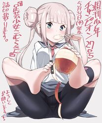  apple arm_behind_back ashigei_shoujo_komura-san ass bane_(haibanemumi) barefoot between_toes bike_shorts blonde_hair blue_eyes commentary cover cover_page double_bun doujin_cover eating feet female food fruit hair_bun highres holding_with_feet knife komurai_komura legs legs_up long_hair pantylines school_uniform serafuku shirt shorts sitting soles solo toes twintails white_shirt 