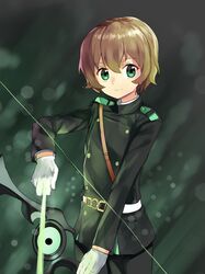  1boy arrow_(projectile) bad_id bad_pixiv_id belt bow_(weapon) brown_hair gloves green_eyes male_focus military military_uniform owari_no_seraph saotome_yoichi shovelwell solo uniform upper_body weapon 