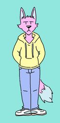  anthro avoid_posting blue_background blue_bottomwear blue_clothing blue_pants bottomwear canid canine canis clothing doopcity footwear grey_clothing grey_footwear grey_shoes hoodie mammal pants shoes simple_background solo topwear wolf yellow_clothing 