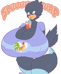  2015 5:6 anthro avian beverage big_breasts bird breasts busty_bird cleavage clothed clothing corvid corvus_(genus) crow english_text female food hi_res huge_breasts jaeh nipple_outline non-mammal_breasts oscine passerine solo text 