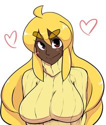  ahoge blonde_hair blush breasts dark-skinned_female dark_skin female heart highres impossible_clothes impossible_sweater kirbila_(yellow_kirby) large_breasts long_hair mole mole_under_eye orange_hair original red_eyes ribbed_sweater sidelocks smile solo sweater thick_eyebrows turtleneck upper_body white_background yellow_kirby 