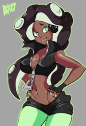  absurdres bare_arms bare_shoulders bigdead black_gloves breasts cleavage collarbone cowboy_shot crop_top dark-skinned_female dark_skin eyeliner female fingerless_gloves gloves green_eyes green_pantyhose grey_background hands_on_own_hips headphones high_collar highres lipstick long_hair looking_at_viewer makeup marina_(splatoon) medium_breasts mole mole_under_mouth navel_piercing octoling pantyhose piercing purple_hair shorts simple_background sleeveless smile solo splatoon_(series) splatoon_2 stomach tentacle_hair unzipped zipper 