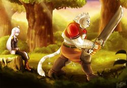  2017 anthro biceps big_muscles blue_eyes boots clothed clothing detailed_background digital_media_(artwork) duo felid female footwear forest fur gloves grass grimoire_of_zero hair handwear hi_res holding_melee_weapon holding_object holding_sword holding_weapon human kemono legwear male mammal melee_weapon mercenary_(grimoire_of_zero) muscular muscular_male outside pantherine plant quill-tail sky smile sunset sword tiger tree weapon white_body white_fur zero_(grimoire_of_zero) 