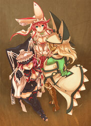  3girls bad_id bad_pixiv_id barefoot black_legwear blonde_hair blue_eyes bouquet breasts cleavage cloak dark-skinned_female dark_skin elphelt_valentine fingerless_gloves flower gloves guilty_gear guilty_gear_2 guilty_gear_xrd hat jester_cap large_breasts multiple_girls notequal_hath pink_eyes pink_hair ramlethal_valentine red_hair rose thighhighs time_paradox valentine_(guilty_gear) 