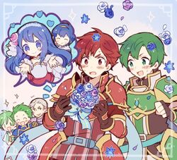  abel_(fire_emblem) armor blue_eyes blue_hair blush bouquet bridal_veil bride caeda_(bridal)_(fire_emblem) caeda_(fire_emblem) cain_(fire_emblem:_shadow_dragon) commentary_request draug_(fire_emblem) dress elbow_gloves female fingerless_gloves fire_emblem fire_emblem:_mystery_of_the_emblem fire_emblem_heroes flower gloves gordin_(fire_emblem) green_armor green_eyes green_hair horse jagen_(fire_emblem) long_hair male_focus marth_(fire_emblem) multiple_boys open_mouth pegasus_knight_uniform_(fire_emblem) protected_link saburoku_(sub6_18) short_hair smile tuxedo veil weapon wedding_dress 