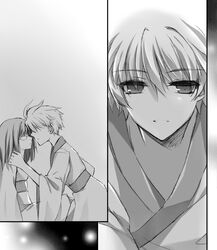  fate/prototype fate_(series) glasses japanese_clothes kimono monochrome open_mouth saber_(fate/prototype) sajou_ayaka short_hair 