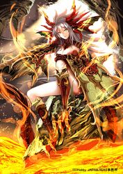  bare_shoulders breasts commentary_request dragon female green_eyes karlwolf long_hair moeru!_jiten navel official_art personification revision silver_hair sitting small_breasts solo thighhighs 