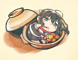  ahoge black_hair black_serafuku blue_eyes braid chibi collar commentary_request drooling female food fruit hair_flaps hair_ornament hair_over_shoulder in_container in_pot kantai_collection koppa_mijinko_(series2023) lid long_hair lying mandarin_orange pleated_skirt pot school_uniform serafuku shigure_(kancolle) shigure_kai_ni_(kancolle) single_braid skirt solo 