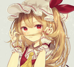  :3 ascot blonde_hair closed_mouth commentary_request fake_facial_hair fake_mustache female fingernails flandre_scarlet grey_background hair_mustache hands_up hat hat_ribbon highres holding holding_own_hair long_hair looking_at_viewer mob_cap nail_polish one_side_up playing_with_hair playing_with_own_hair pointy_ears puffy_short_sleeves puffy_sleeves red_eyes red_ribbon red_vest ribbon short_sleeves simple_background smile solo touhou upper_body vest white_hat wings wrist_cuffs yellow_ascot youtan 