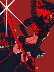  black_hair breasts commentary_request female kill_la_kill matoi_ryuuko medium_breasts meroz microskirt multicolored_hair photoshop_(medium) red_hair scissor_blade_(kill_la_kill) senketsu short_hair skirt solo thighhighs two-tone_hair underboob weapon 