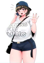  bag between_breasts blue_eyes breasts brown_hair cellphone female freckles gigantic_breasts handbag hat huge_breasts jewelry looking_at_viewer nail_polish oozon_(ozon) open_mouth original phone ring short_shorts shorts smartphone smile solo standing strap_cleavage thick_thighs thighs 