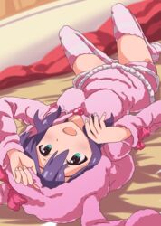  :d animal_hood aqua_eyes blush commentary_request female fluffy_legwear hair_between_eyes highres hood hoodie idolmaster idolmaster_million_live! long_hair loungewear lying mochizuki_anna official_style on_back open_mouth pokowachikusu purple_hair rabbit_hood ribbon smile socks striped_clothes striped_thighhighs thighhighs 