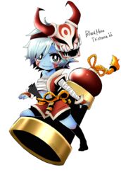  alternate_costume bandaged_arm bandages blue_eyes closed_mouth commentary_request facial_mark female flat_chest league_of_legends mask mask_on_head otani_(kota12ro08) pointy_ears sarashi smile solo tristana twitter_username white_hair yordle 