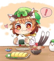  ! +_+ :3 animal_ears blush bowl brown_hair cat_ears cat_tail chen chopsticks closed_mouth commentary_request drooling earrings eating female food food_on_face green_hat hat heart ibaraki_natou jewelry long_sleeves mob_cap mochen multiple_tails nekomata onigiri rice rice_on_face short_hair single_earring solo spoken_exclamation_mark spoken_heart tail touhou two_tails 