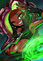  ;) absurdres arm_up armpits bare_arms bare_shoulders black_gloves collarbone commentary_request crop_top dark-skinned_female dark_skin eyelashes female fingerless_gloves fingernails gloves green_eyes grin headphones high_collar highres long_hair looking_at_viewer marina_(splatoon) midriff nail_polish navel navel_piercing octoling one_eye_closed partially_unzipped photoshop_(medium) piercing pose purple_hair saikoraru skirt skirt_set smile solo spinning splatoon_(series) splatoon_2 stomach tentacle_hair upper_body zipper 