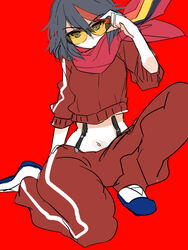  adjusting_eyewear anko_(kirikiri) bad_id bad_pixiv_id black_hair commentary_request female jacket kill_la_kill matoi_ryuuko midriff multicolored_hair navel pants red_background scarf senketsu senketsu_(scarf) short_hair solo spoilers streaked_hair sunglasses suspenders track_suit 