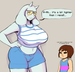  2018 anthro big_breasts blood blush bodily_fluids boss_monster_(undertale) bottomwear bovid breasts caprine clothing dialogue duo english_text female frisk_(undertale) horn human latchk3y long_ears male mammal mature_anthro mature_female mother_(lore) mother_and_child_(lore) navel nosebleed parent_(lore) parent_and_child_(lore) shirt shorts sweat sweatdrop text tight_clothing topwear toriel undertale undertale_(series) 