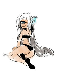  animal_ears back bad_id bad_tumblr_id bandeau bikini black_bikini blue_eyes borrowed_character butt_crack cyclops female highres long_hair monster_girl one-eyed original polyle silver_hair sitting smile solo strapless swimsuit very_long_hair yokozuwari 