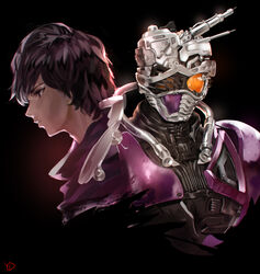  1boy black_hair chase_(kamen_rider_drive) commentary_request dual_persona highres kamen_rider kamen_rider_drive_(series) male_focus mashin_chaser mask photoshop_(medium) purple_eyes solo yd_(orange_maru) 